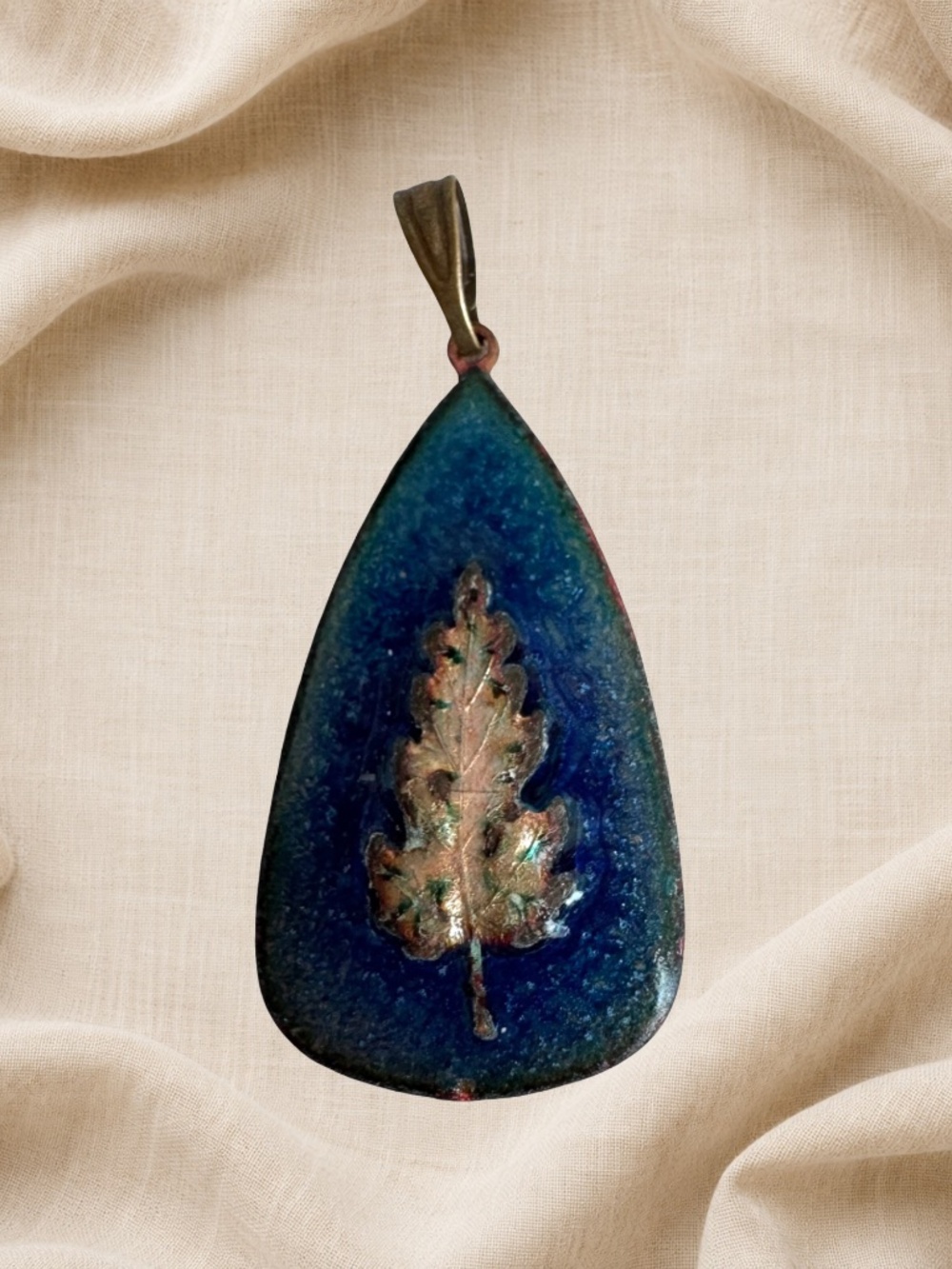 Blue Enamel Teardrop Pendant Copper Tone Leaf Motif Boho Vintage Jewelry 1.25in